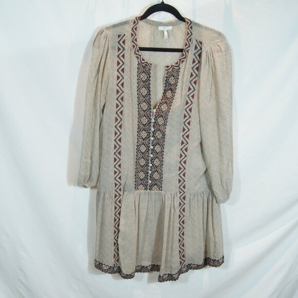 Joie | 100 % Silk Boho Peasant Dress Beige Black Embroidered | Size S - Picture 3 of 8